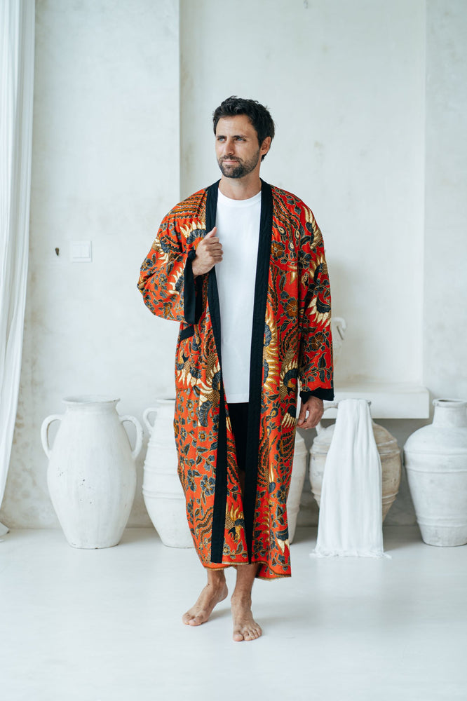 Red Men's Full Length Batik Robe