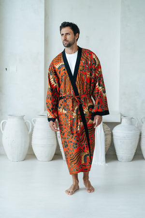 Red Men's Full Length Batik Robe