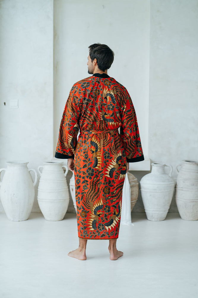 Red Men's Full Length Batik Robe