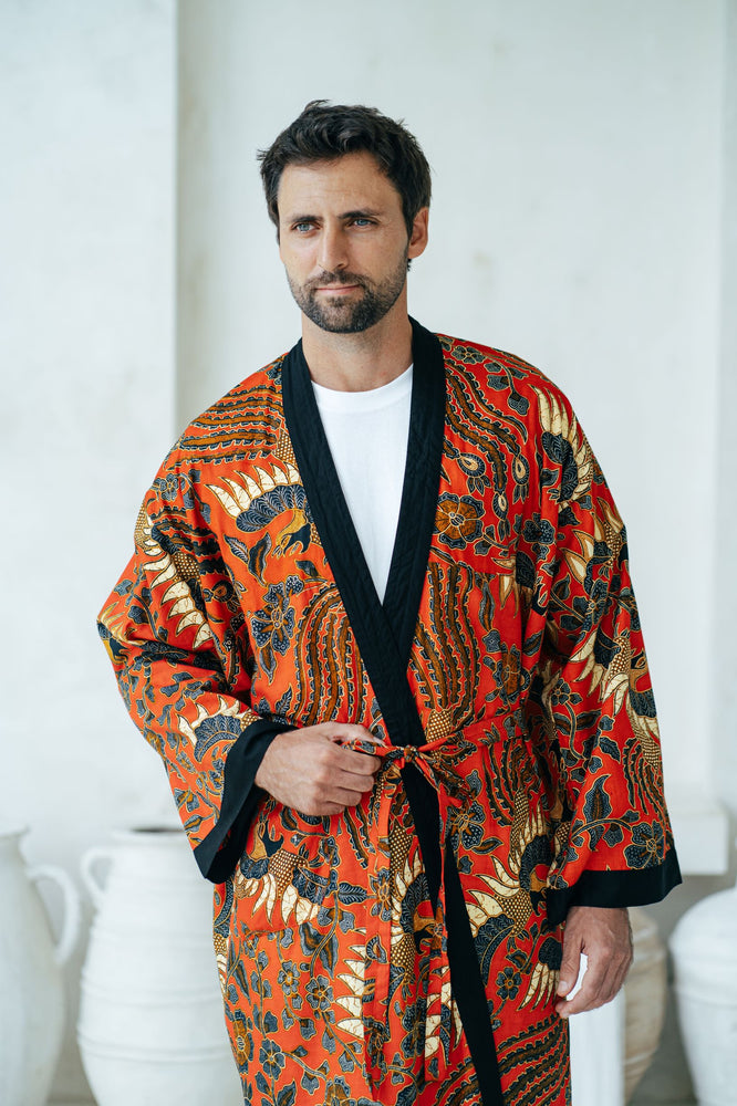 Red Men's Full Length Batik Robe