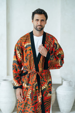 Red Men's Full Length Batik Robe